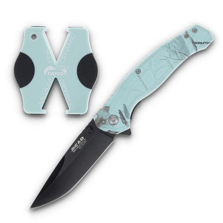 Bear & Son Edge Brisk 2.0 Folding Knife and Sharpener Combo Drop Point Teal Camo