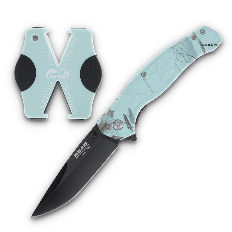Bear & Son Edge Brisk 2.0 Folding Knife and Sharpener Combo Drop Point Teal Camo