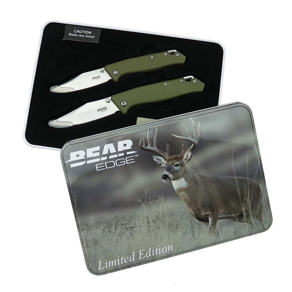 Bear & Son Limited Edition Gift Tin Two-Knife Folding Knife Combo Set OD Green