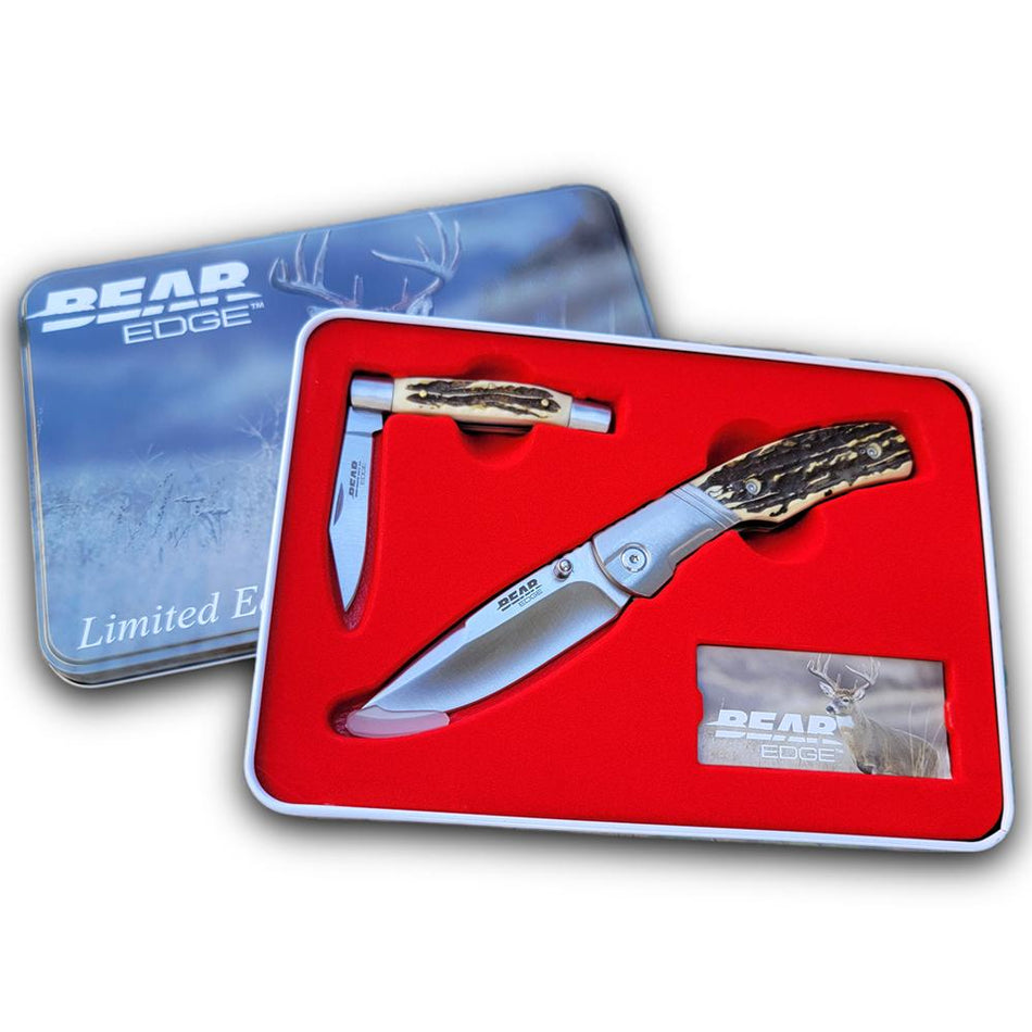 Bear & Son Limited Edition Two Folding Knife Combo Set Stag Delrin in Gift Tin