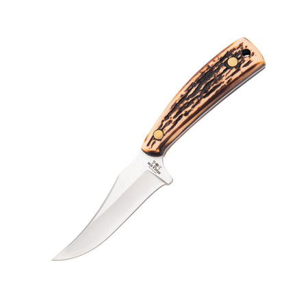 Bear & Son Upswept Skinner Fixed Blade Knife 3-1/8" Clip Point Stag Delrin Handle with Leather Sheath