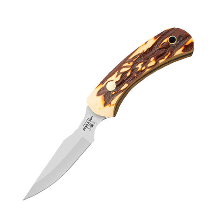 Bear & Son Ergonomic Caper Fixed Blade Knife 2-1/2" Clip Point Stag Delrin Handle with Leather Sheath