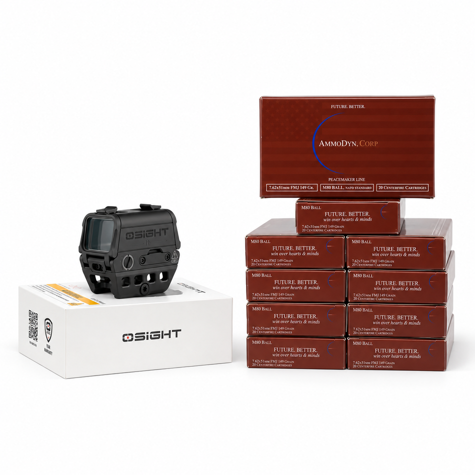 Osight R 2 MOA Dot/65 MOA Circle Multi-Reticle Rifle Optic + AmmoDyn 7.62x51mm 149Gr FMJ Brass 200ct