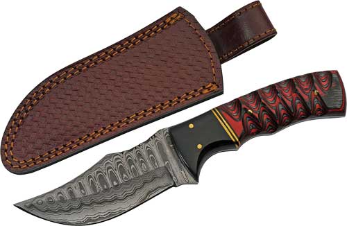 SZCO Rite Edge 4" Buffalo Horn Twisted Wood Damascus Hunter Knife with Sheath