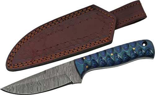SZCO Rite Edge 4" Blue Twisted Wood Handle Damascus Hunter Knife with Sheath