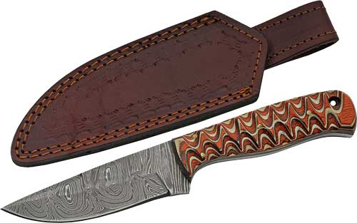 SZCO Rite Edge 4" Red Twisted Wood Handle Damascus Hunter Knife with Sheath