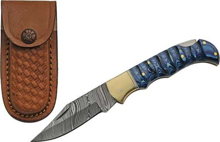 SZCO Rite Edge 3" Blue Grooved Wood Damascus Lockback Folding Knife with Sheath