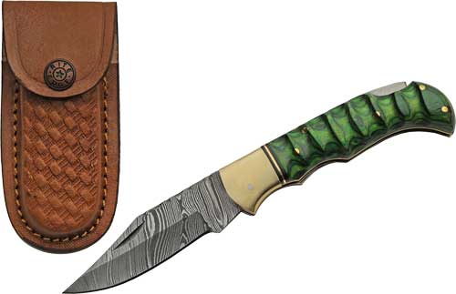 SZCO Rite Edge 3" Green Grooved Wood Damascus Lockback Folding Knife