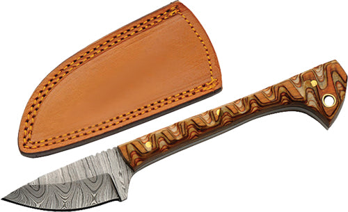 SZCO Rite Edge 6.5" Brown Damascus Caping Knife with Leather Sheath