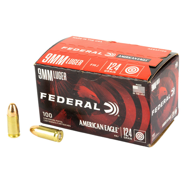 American Eagle AE9AP100  Full Metal Jacket FMJ 124 Grain 9mm Luger/Parabellum
