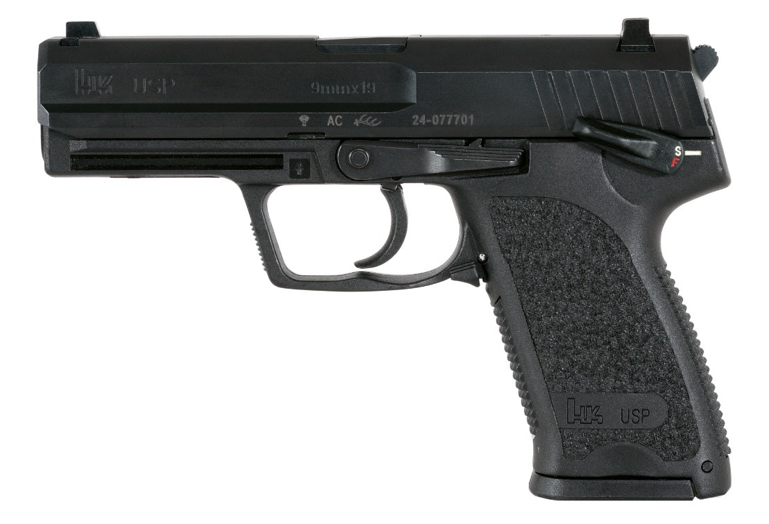 HK 81000309 USP V1 SA/DA 9mm Luger Caliber with 4.25" Barrel, 10+1 Capacity, Overall Black Finish, Serrated Trigger Guard Frame, Serrated Steel Slide & Polymer Grip Includes 2 Mags