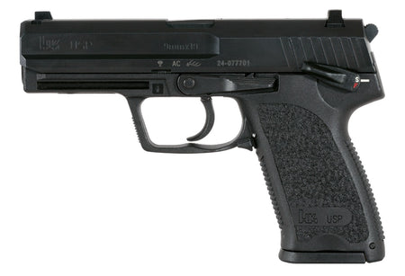 HK 81000309 USP V1 SA/DA 9mm Luger Caliber with 4.25" Barrel, 10+1 Capacity, Overall Black Finish, Serrated Trigger Guard Frame, Serrated Steel Slide & Polymer Grip Includes 2 Mags