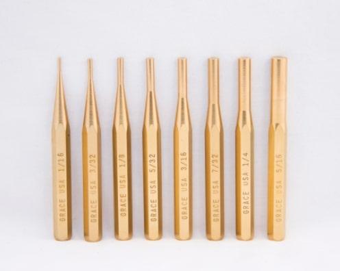 Grace USA 8-Piece Brass Pin Punch Set - CDA 360 Hex Brass, USA Made