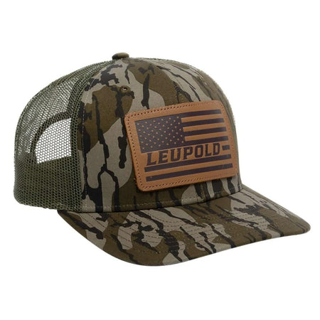 Leupold Leather Flag Trucker Hat in Mossy Oak Bottomland Camo/Green