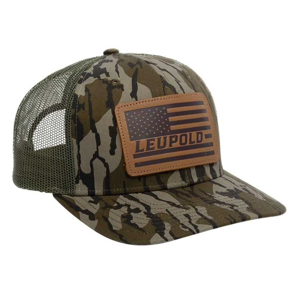 Leupold Leather Flag Trucker Hat in Mossy Oak Bottomland Camo/Green