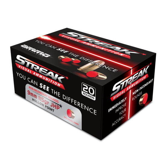 Ammo Inc 9115JHPSTRKRED Streak Visual (RED) Jacketed Hollow Point 115 Grain 9mm Luger/Parabellum 1124 fps