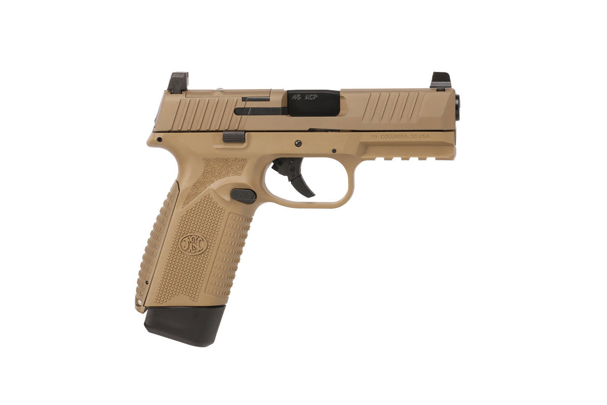 FN 66101388 545 MRD Full Size 45 ACP 15+1, 4.10" Black Target Crown Steel Barrel, Flat Dark Earth PVD Optic Cut/Serrated Steel Slide & Polymer Frame w/Picatinny Rail, Ambidextrous