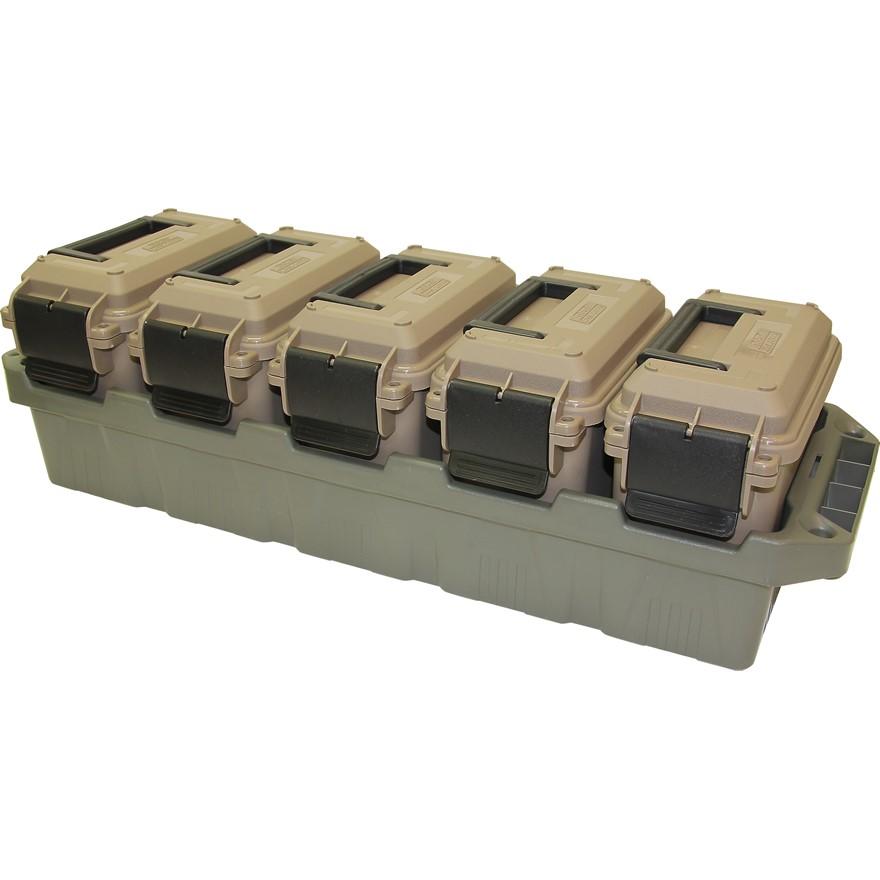 MTM 5-Can Ammo Crate Mini FDE Cans with Army Green Tray Multi-Caliber Storage