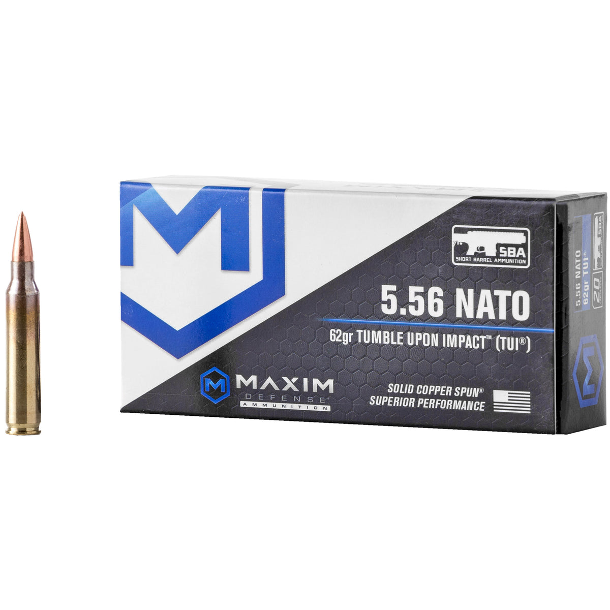 Maxim Defense SBA Short Barrel Ammunition 5.56x45mm NATO 62 gr Solid ammo