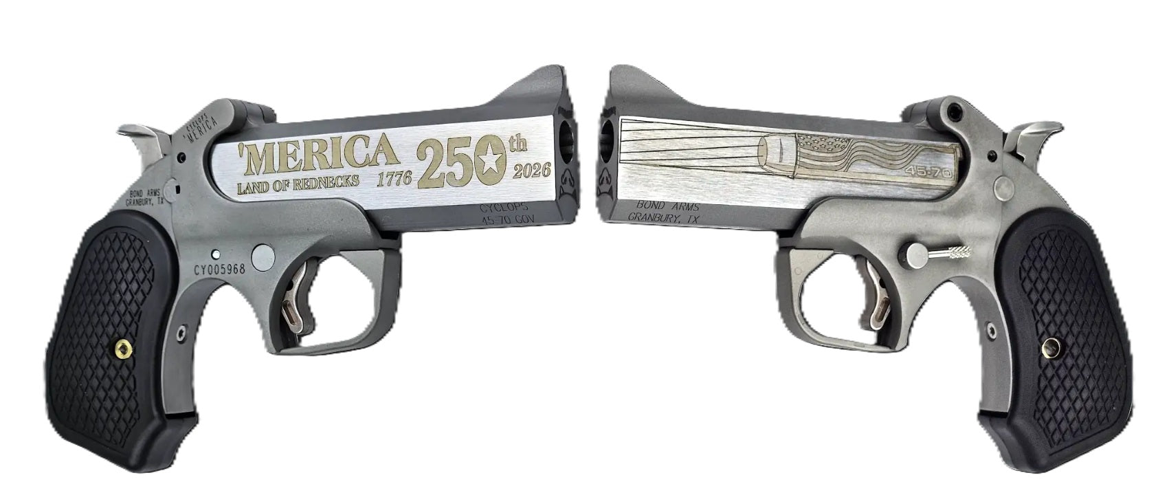 Bond Arms BACY-250TH-45-70 Cyclops 'Merica 45-70 Gov 1 Shot 4.25" Rough Matte Barrel, Rough Stainless Steel Frame, Black B6 Resin Grip, Exposed Hammer