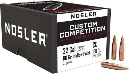 Nosler Custom Competition 80gr Hollow Point Boat Tail .224 Bullets 100ct