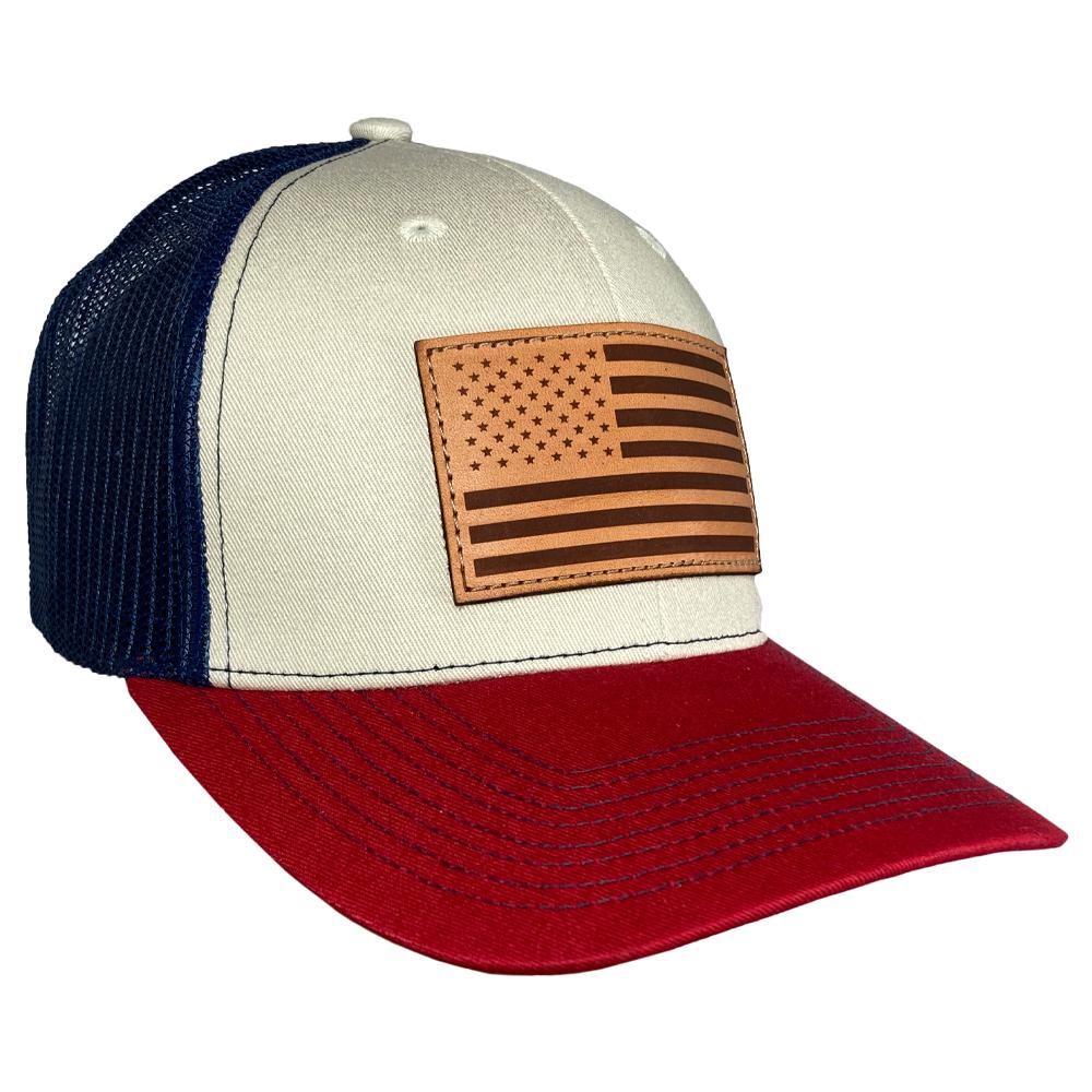 Outdoor Cap Stone Navy Cardinal Trucker Hat with USA Flag Leather Patch