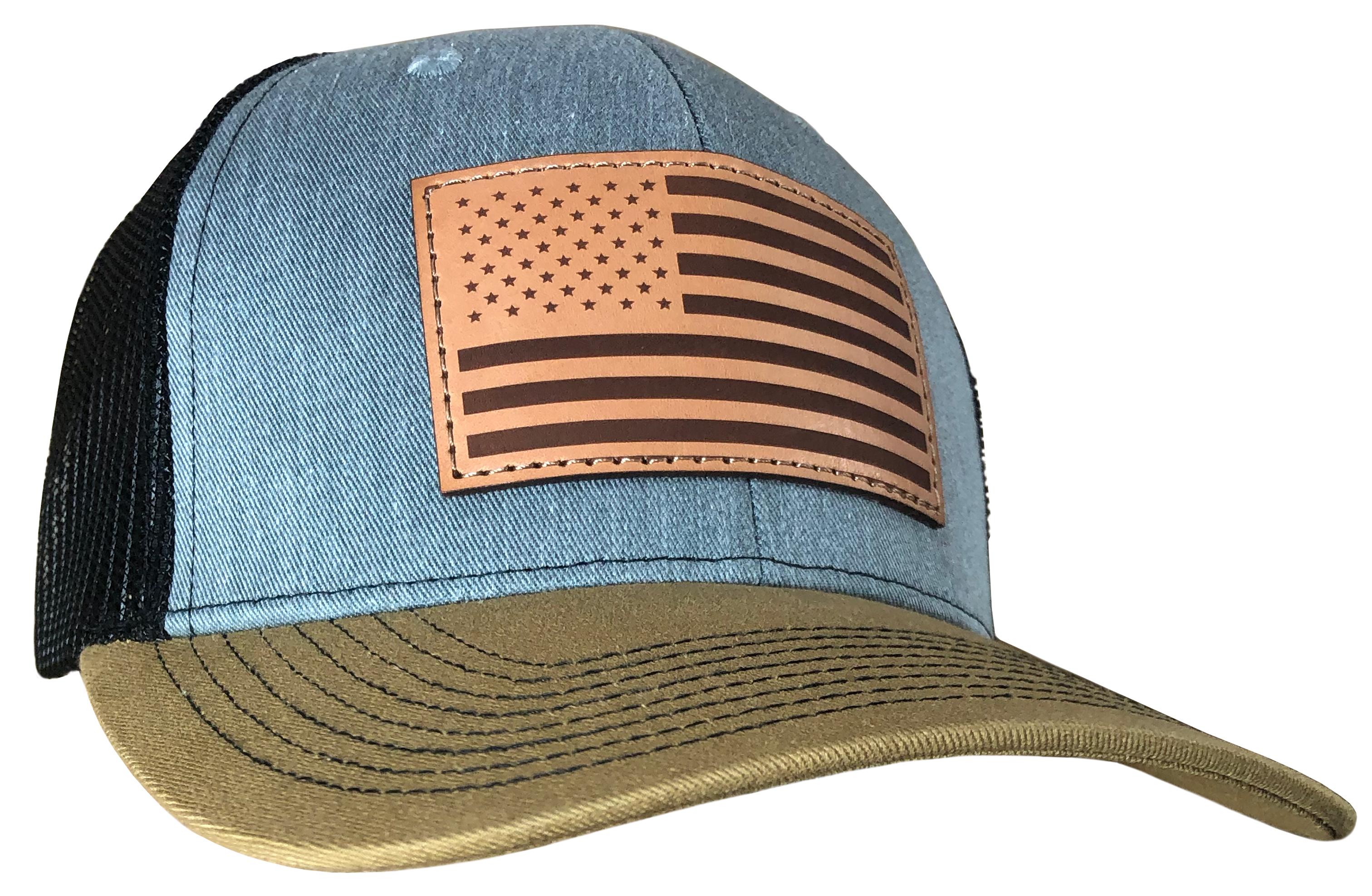 Outdoor Cap Heathered Grey Black Old Gold Trucker Hat with USA Flag Leather Patch