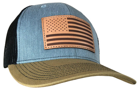 Outdoor Cap Heathered Grey Black Old Gold Trucker Hat with USA Flag Leather Patch