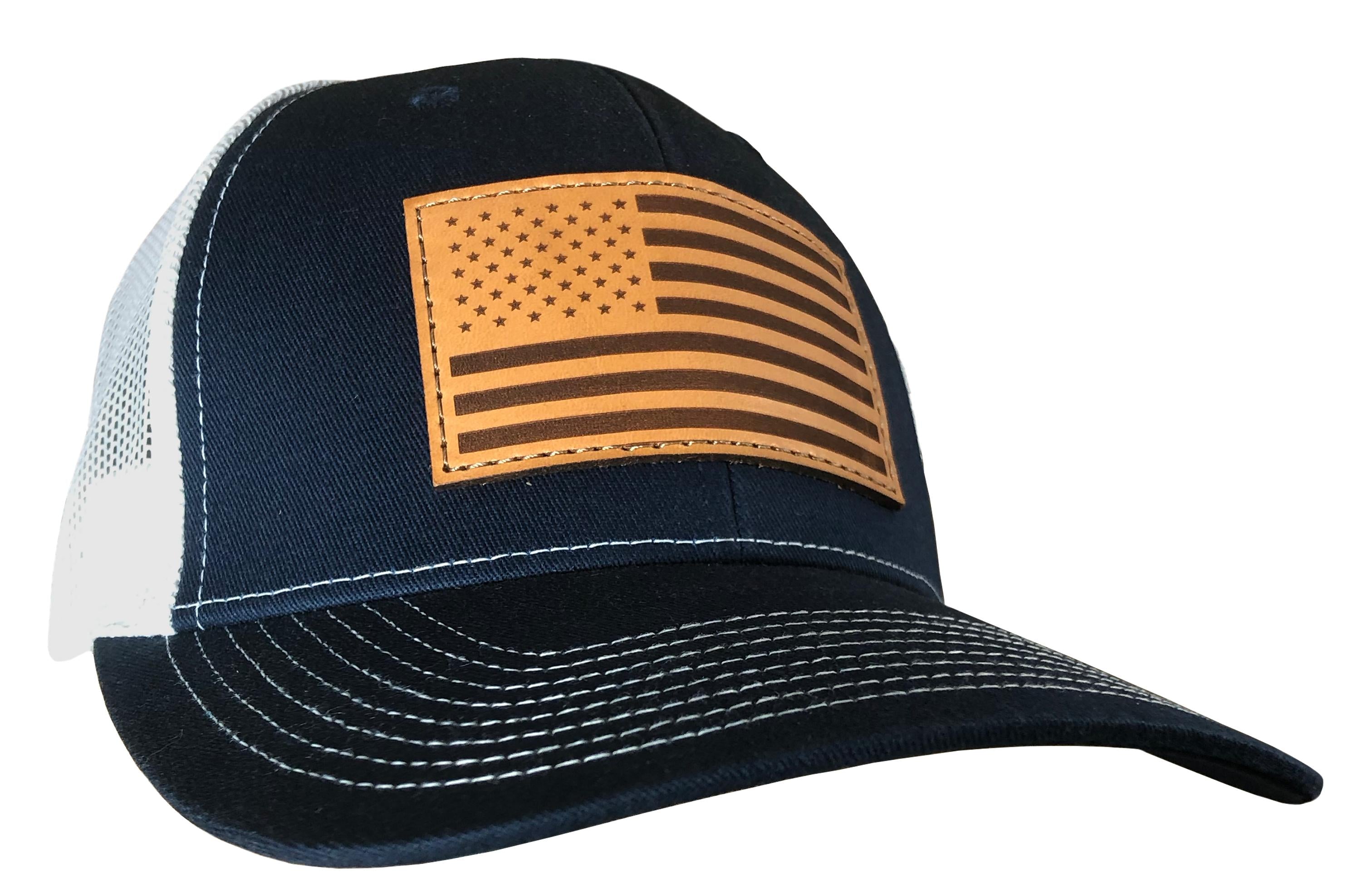 Outdoor Cap Navy White Trucker Hat with USA Flag Leather Patch