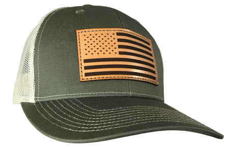 Outdoor Cap Olive Khaki Trucker Hat with USA Flag Leather Patch