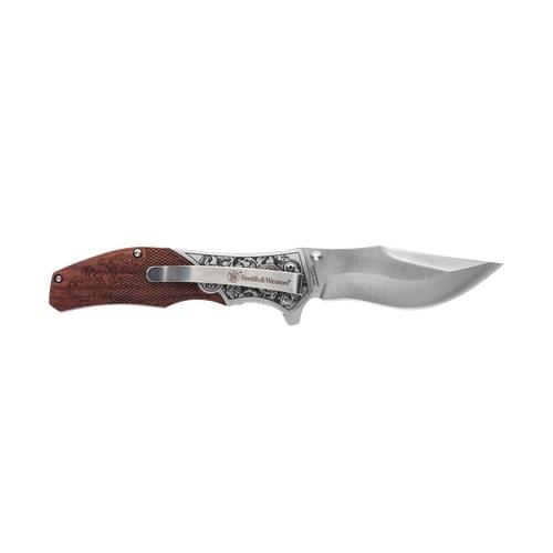 Smith & Wesson Unwavered Assisted Opening Folding Knife 3-1/4" Clip Point Engraved Wood Handle