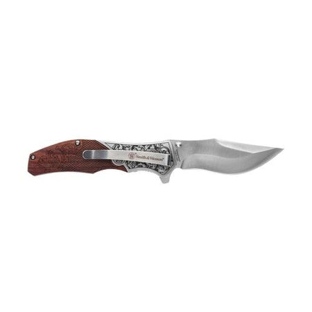 Smith & Wesson Unwavered Assisted Opening Folding Knife 3-1/4" Clip Point Engraved Wood Handle