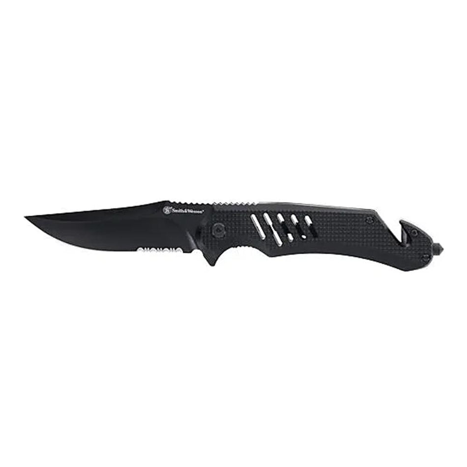 Smith & Wesson Extreme Ops Folding Knife 3.5" Clip Point Black with Glass Breaker Strap Cutter