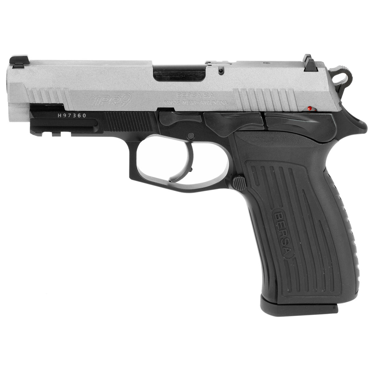 Bersa TPR9DT TPR Full Size Frame 9mm Luger 17+1, 4.30" Black Steel Barrel, Nickel Cerakote Serrated Steel Slide, Matte Black Aluminum Frame w/Picatinny Rail, Ambidextrous