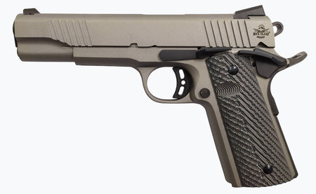 Rock Island 56419 Rock Standard FS *CA Compliant 45 ACP Caliber with 5" Barrel, 8+1 Capacity, Overall Gun Metal Gray Cerakote Finish Steel, Beavertail Frame, Serrated Slide & Black G10 Grip