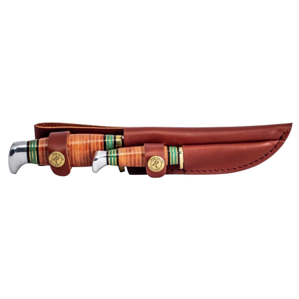 Remington Stacked Leather Piggyback Fixed Blade Knife Set with Brown Leather Sheath