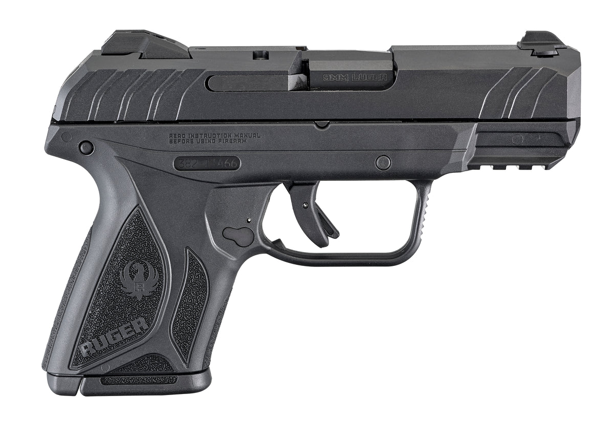 Ruger 3818 Security-9 Compact 9mm Luger 3.42" Barrel 10+1,Black Polymer Frame With Picatinny Acc. Rail, Black Oxide Steel Slide, Manual Safety