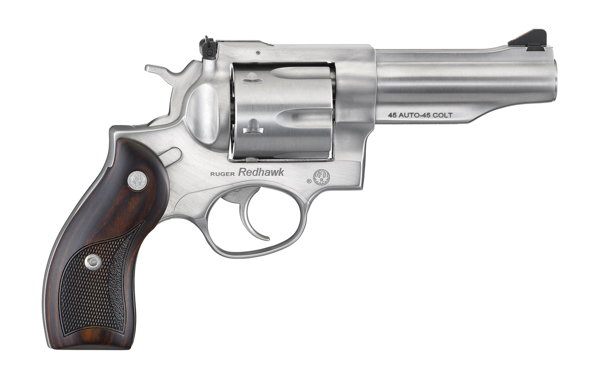 Ruger 5050 Redhawk 45 ACP/45 Long Colt 6rd, 4.20" Satin Stainless Steel Barrel, Cylinder & Frame, Lasered Hardwood Grip, Exposed Hammer