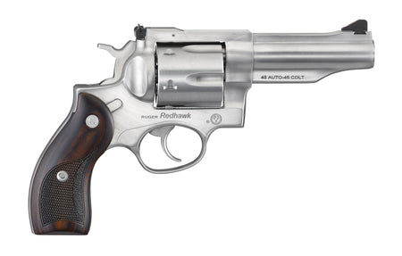 Ruger 5050 Redhawk 45 ACP/45 Long Colt 6rd, 4.20" Satin Stainless Steel Barrel, Cylinder & Frame, Lasered Hardwood Grip, Exposed Hammer