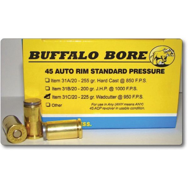 Buffalo Bore Ammunition 31C20 Standard Pressure Strictly Business 45 Auto Rim 225 gr Wadcutter (WC) 20 Per Box/ 12 Cs