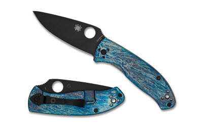 Spyderco Tenacious Folding Knife 3.35" Drop Point D-2 Blade Black Oxide Finish R.I.L. Lock Blue Titanium Handle Disarray Finish C122TIBLBKD2P
