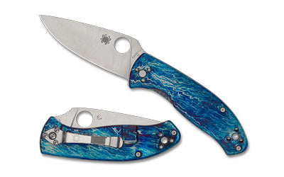 Spyderco Tenacious Folding Knife 3.35" Drop Point D-2 Blade Satin Finish R.I.L. Lock Blue Titanium Handle Disarray Finish C122TIBLD2P