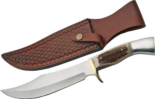 SZCO Steel Stag 8" Iron Cougar Fixed Blade - Deer Antler Handle, SS Blade