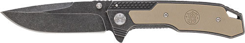 S&W Stonewash Drop Point 3.6" Folding Knife with S&W Logo G10 Handle, Coyote Tan