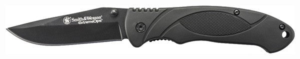 S&W Extreme Ops 3.3" Black Drop Point Blade Folding Knife with Rubber Handle