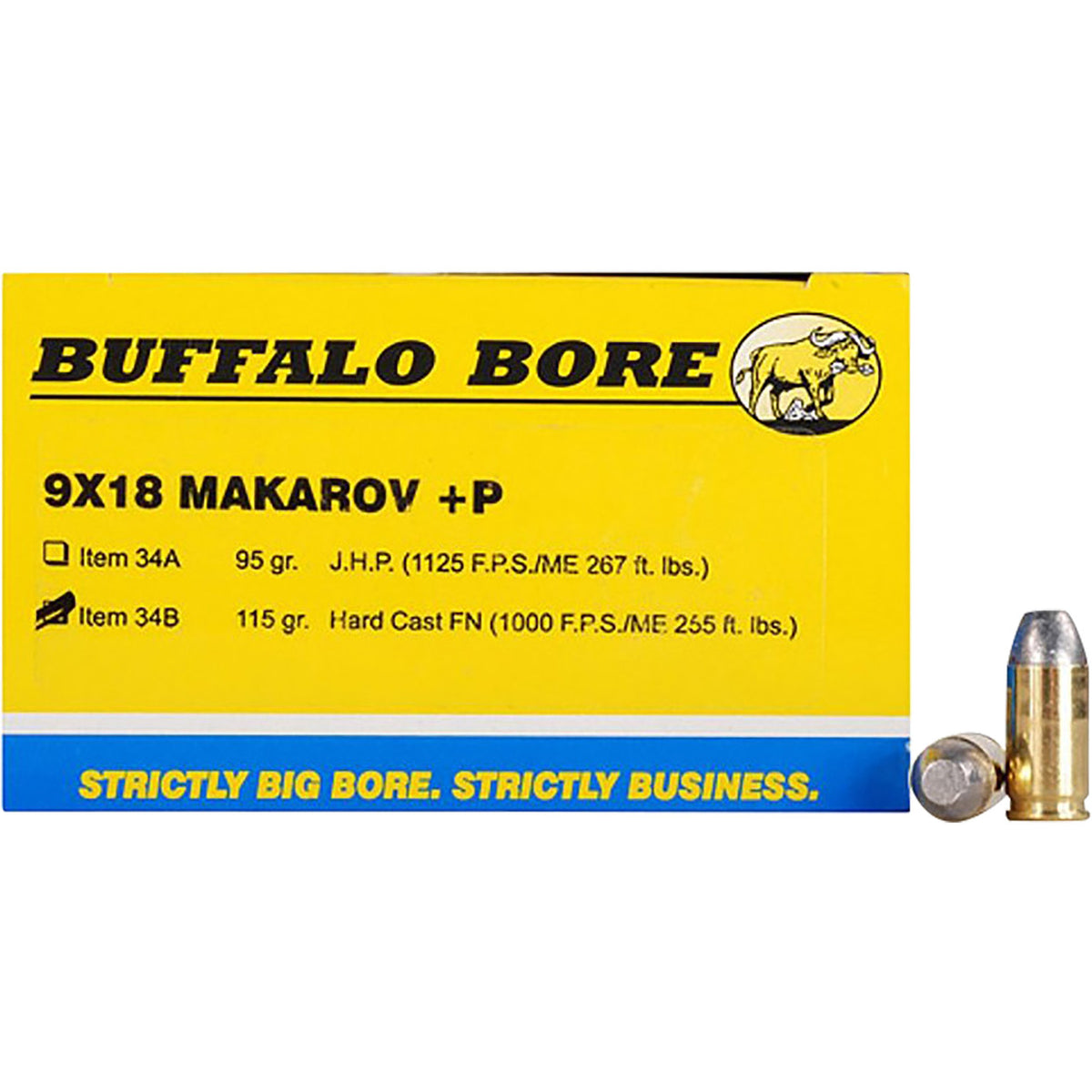 Buffalo Bore Ammunition 34B20 Personal Defense Strictly Business 9x18 Makarov +P 115 gr Hard Cast Flat Nose (HCFN) 20 Per Box/ 12 Cs