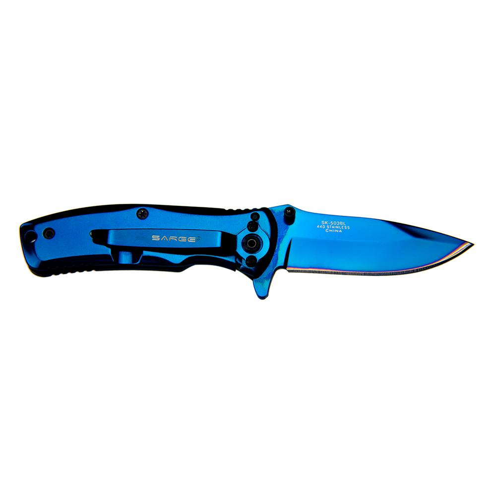 Sarge Knives Phase Assisted Folding Knife 2-1/2" Drop Point Blade Blue TiN Coated