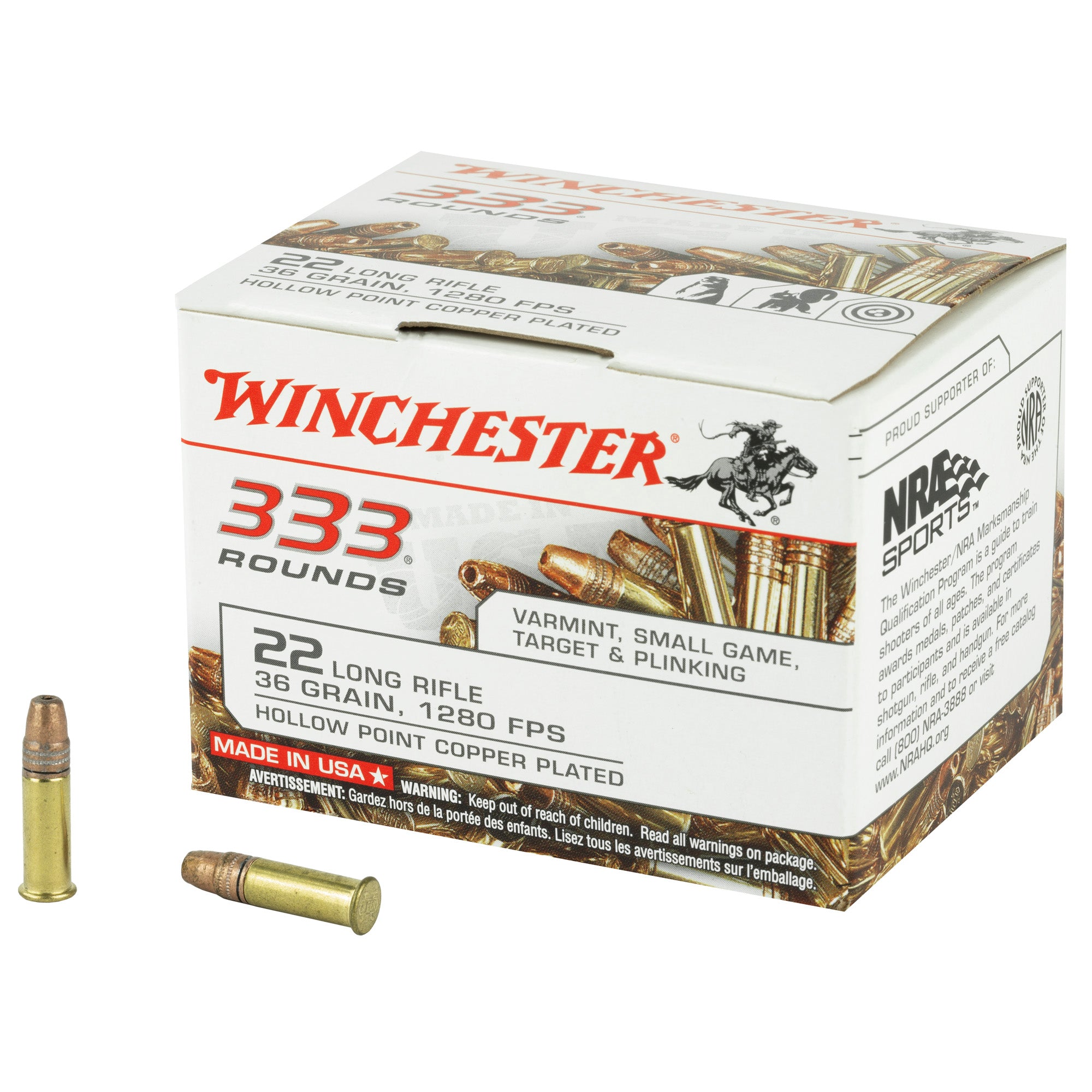 Winchester 22LR333HP USA 333 Copper Plated Hollow Point CPHP 36 Grain .22 Long Rifle