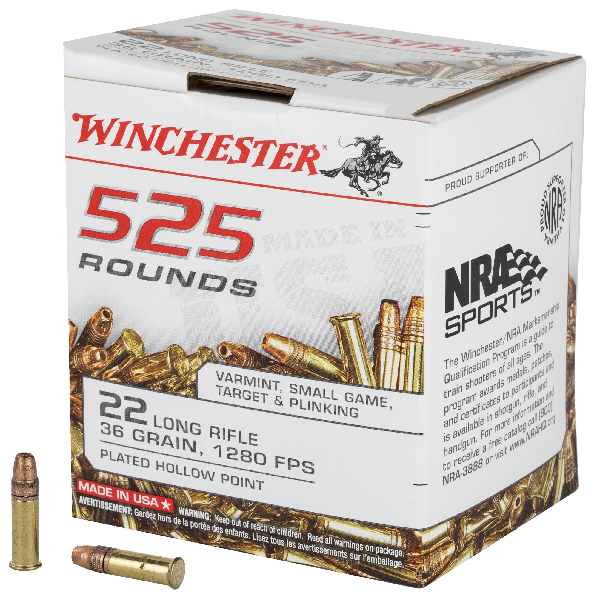 Winchester 22LR525HP USA 525 Copper Plated Hollow Point CPHP 36 Grain .22 Long Rifle