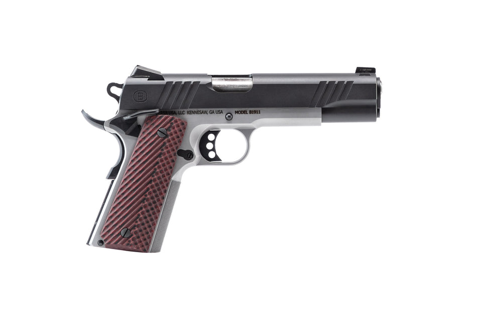 Bersa B19117050BMBC B1911 Full Size Frame 45 ACP 8+1 5" Stainless Steel Barrel, Stainless Serrated Steel Slide, Black Stainless Steel Frame w/Beavertail, Rosewood Grip, Ambidextrous